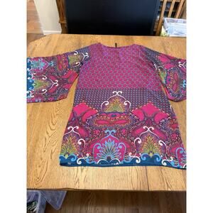 Euphoria Ln. Pink Blue Paisley Knit Bell Sleeve Tunic Blouse Round Neck L
